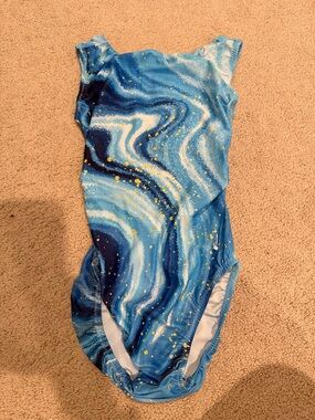 Foxy’s Blue Swirl Gymnastics Leotard with Gold Speckle sz adult small like new